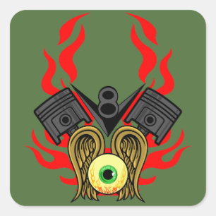 Adesivo Quadrado Cabeças de pistão de V8 que voam o olho