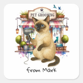 Adesivo Quadrado Cabeleireiro de Gatos Pet Grooming estilo aquarela