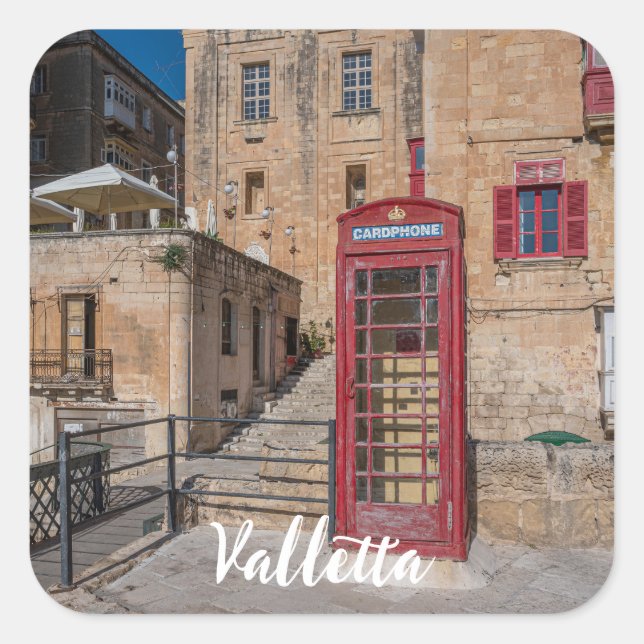 Adesivo Quadrado Cabine telefônica vermelha em La Valetta Malta (Frente)