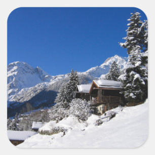 Adesivo Quadrado Cabines de madeira cobertas de neve na Suíça
