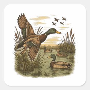 Adesivo Quadrado Caça ao Pato-Marreco Voador Retro