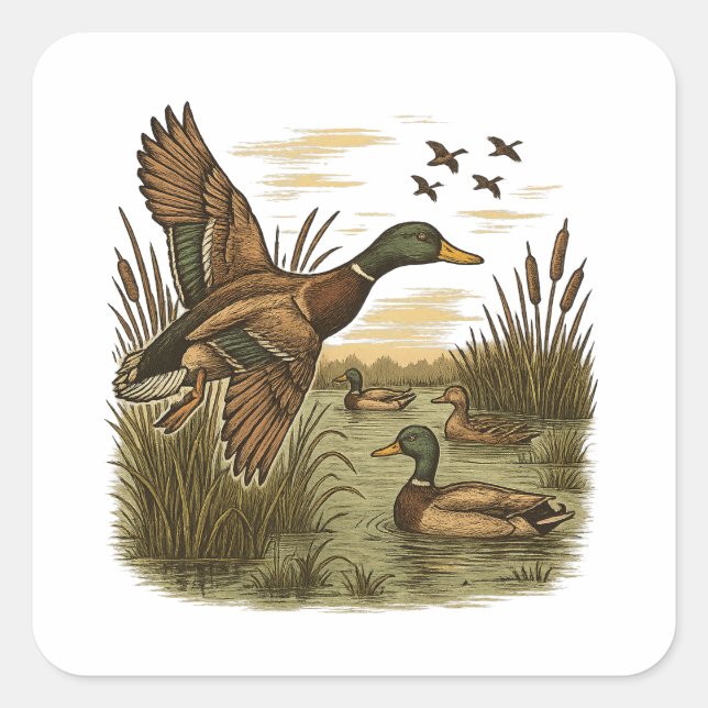 Adesivo Quadrado Caça ao Pato-Marreco Voador Retro (Frente)