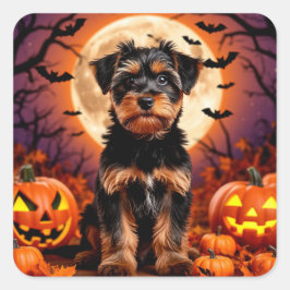 Adesivo Quadrado Cachorrinho Adorável com Fundo de Halloween