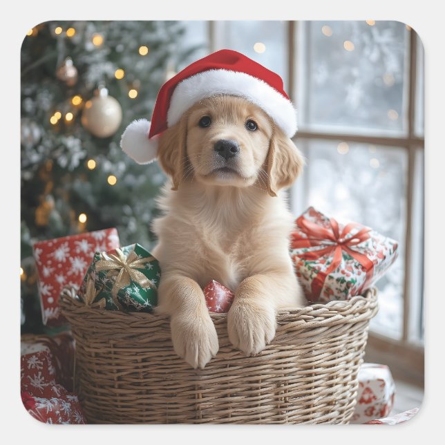 Adesivo Quadrado Cachorro Adorável com Papai Noel na Cesta (Frente)