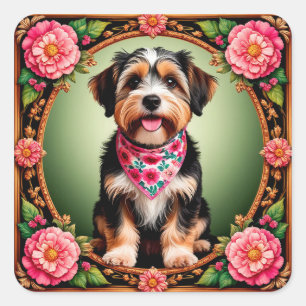 Adesivo Quadrado Cachorro Adorável Enquadrado por Flores Coloridas
