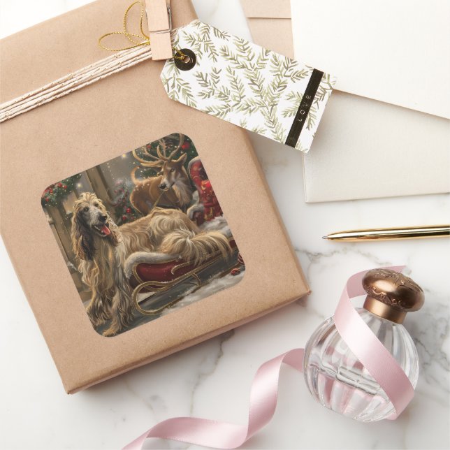 Adesivo Quadrado Cachorro Afegão de Natal Festivo (Presentear)