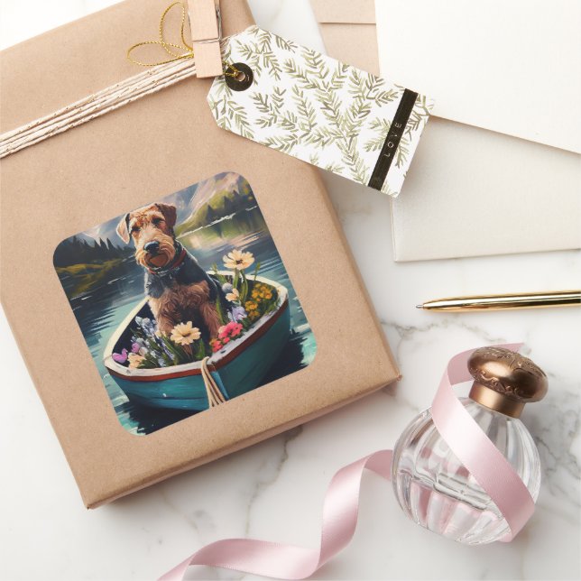 Adesivo Quadrado Cachorro Airedale em um remo: Uma aventura cênica (Presentear)