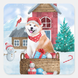 Adesivo Quadrado Cachorro Akita na Casa de Natal na Neve