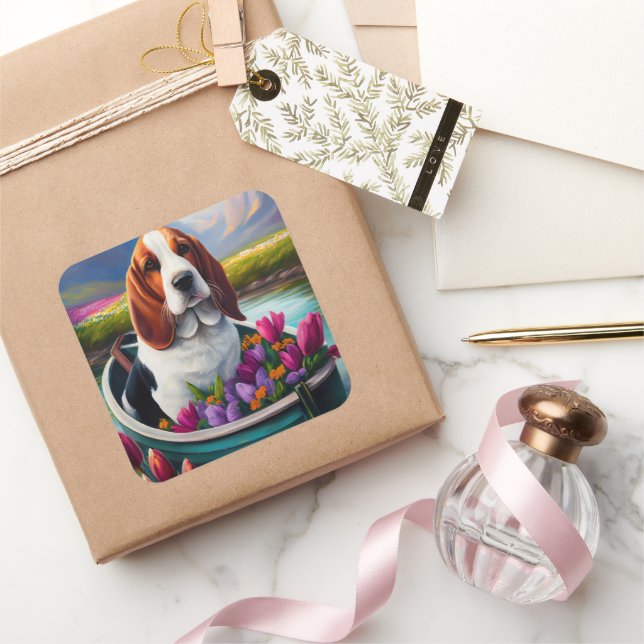 Adesivo Quadrado Cachorro Basset em um remo: Uma aventura cênica (Presentear)