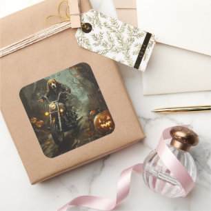 Adesivo Quadrado Cachorro Beagle Pilotando Moto de Halloween Assust