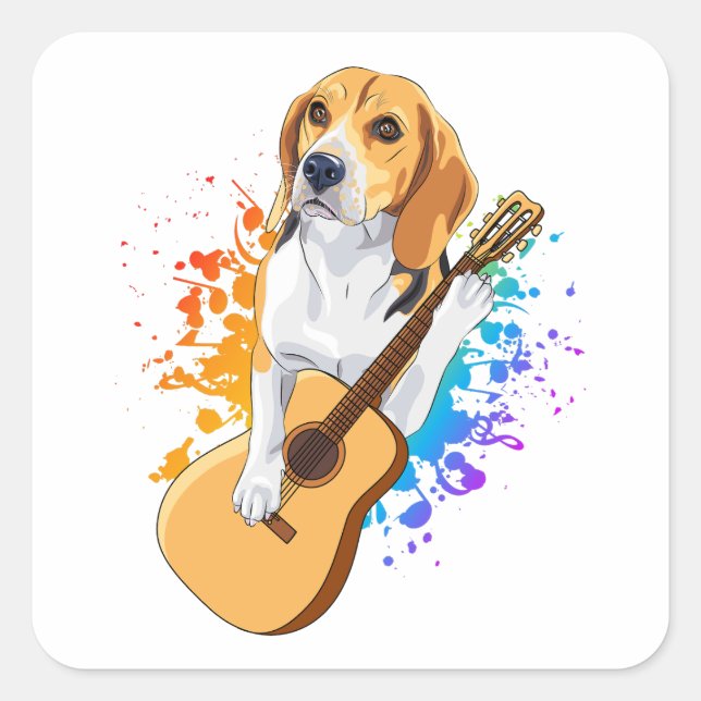 Adesivo Quadrado Cachorro Beagle Tocando Violão Acústico (Frente)