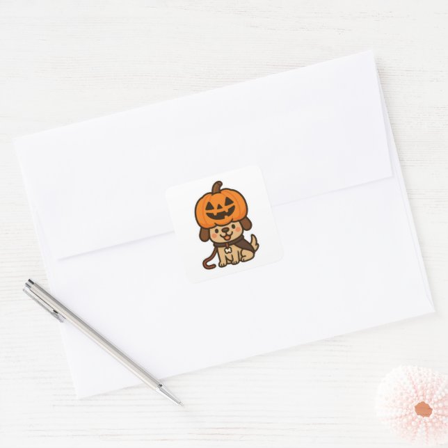 Adesivo Quadrado Cachorro bonito com jack-o-lanterna (Envelope)