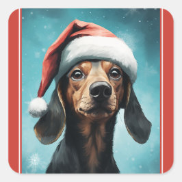Adesivo Quadrado Cachorro Bonito Vestindo Natal Hat Dachshund Natal