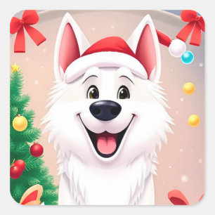 Adesivo Quadrado Cachorro Branco com Chapéu de Papai Noel