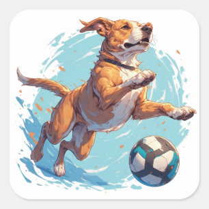 Adesivo Quadrado Cachorro Brincalhão Chutando Bola de Futebol Com E