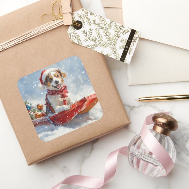 Adesivo Quadrado Cachorro Brittany Spaniel no Natal do Sledge (Presentear)