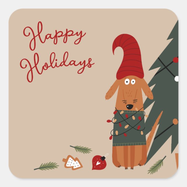 Adesivo Quadrado Cachorro Cachorro e Árvore de Natal (Frente)