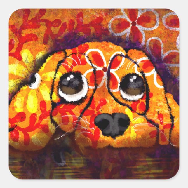 Adesivo Quadrado Cachorro Cachorro Olhos Whimsg Abstrato Floral Lar (Frente)