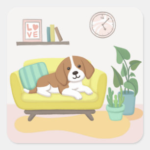 Adesivo Quadrado Cachorro, Cadeira e Plantas, Ilustração de Arte