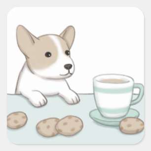 Adesivo Quadrado Cachorro, Café e Bolachas Ilustração Arte