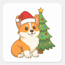 Cachorro Corgi Fofo com um Chapéu Vermelho com Árv