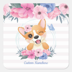 Adesivo Quadrado Cachorro Corgi Fofo Coroa de Flores Borboleta Azul