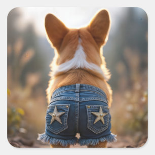 Adesivo Quadrado Cachorro Corgi Vestindo Cursos de Denim Azuis