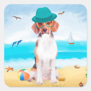 Adesivo Quadrado Cachorro De Beagle Na Praia