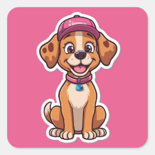 Adesivo Quadrado Cachorro de Cartoon Doce - Puppy feliz no Boné Sti