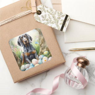 Adesivo Quadrado Cachorro de Conhound Bluetick com Feriado de Ovos 