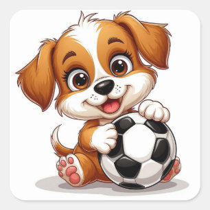 Adesivo Quadrado Cachorro de Desenho Animado Fofo Segurando Bola de