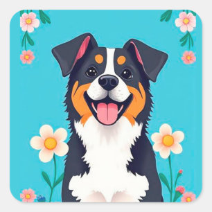 Adesivo Quadrado Cachorro de Desenho Animado Rodeado por Flores