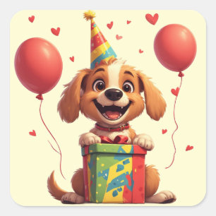 Adesivo Quadrado 🐕 Cachorro de Festa Com Chapéu de Aniversário e P
