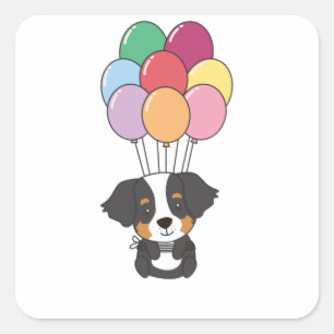Adesivo Quadrado Cachorro de Montanha Bernês Voa Com Balões Colorid