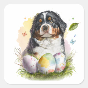 Adesivo Quadrado Cachorro de Montanha Bernese, Ovo de Páscoa, Pásco