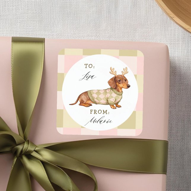 Adesivo Quadrado Cachorro de Natal Dachshund Verificado Suéter De M (Dachshund Christmas Dog Checkered Knitted Sweater Square Sticker)