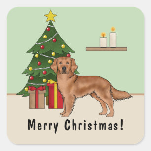 Adesivo Quadrado Cachorro de Ouro Vermelho com Árvore de Natal