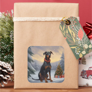 Adesivo Quadrado Cachorro Doberman na Neve de Natal