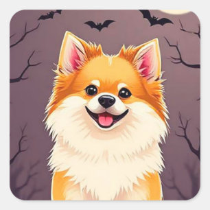 Adesivo Quadrado Cachorro em Cena de Halloween com Abóboras