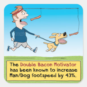 Adesivo Quadrado Cachorro Engraçado e Homem caçando Bacon