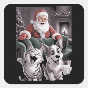 Adesivo Quadrado Cachorro engraçado e selfie de gato com o Natal de