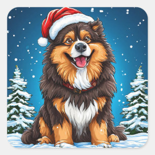 Adesivo Quadrado Cachorro Feliz Usando Chapéu de Papai Noel