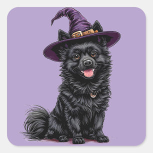 Adesivo Quadrado Cachorro Feliz Usando um Chapéu de Bruxa