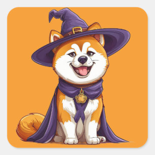 Adesivo Quadrado Cachorro Feliz Usando um Chapéu de Bruxa