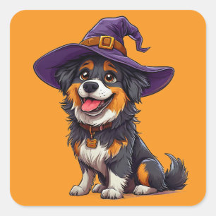 Adesivo Quadrado Cachorro Feliz Usando um Chapéu de Bruxa