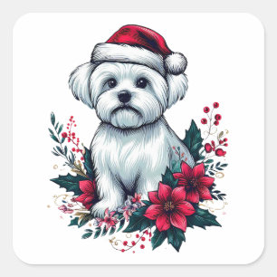 Adesivo Quadrado Cachorro Festivo Maltês Floral com o Cachorro Sant