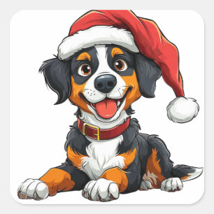 Adesivo Quadrado Cachorro Fofo de Chapéu de Papai Noel Celebrando o