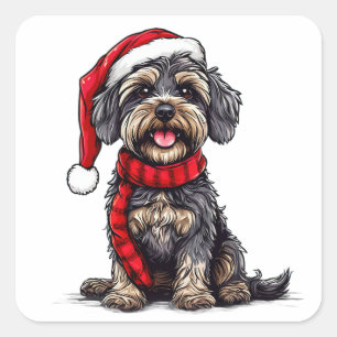Adesivo Quadrado Cachorro Fofo de Chapéu de Papai Noel Celebrando o