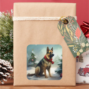 Adesivo Quadrado Cachorro german shepherd no Natal da Neve