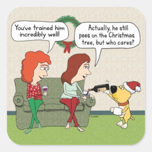 Adesivo Quadrado Cachorro giro e engraçado servindo vinho no Natal